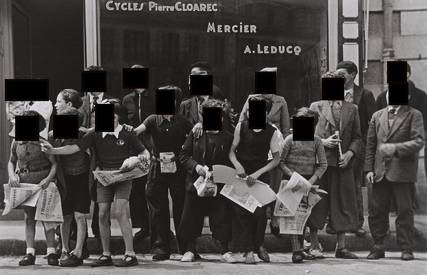 [Come sarebbe ora] Robert Capa, 'Watching the Tour de France in front of the bicycle shop owned by Pierre Cloarec, one of the cyclists in the race, Pleyben, Brittany, France' (July, 1939)