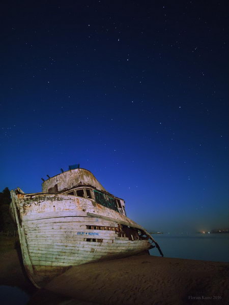 Wrecked fishing boat in Inverness and the Big Dipper, 64 2-second exposures, shot with Google Pixel