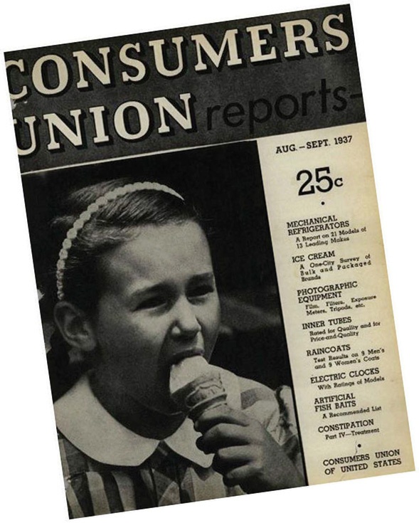 Copertina della Consumers Union report dell’agosto 1937, con un articolo sui test di alcuni equipaggiamenti fotografici.