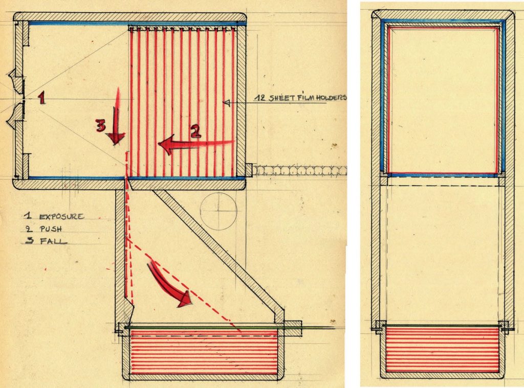 disegno della fotocamera a lastre cadenti, progettata da René Smets