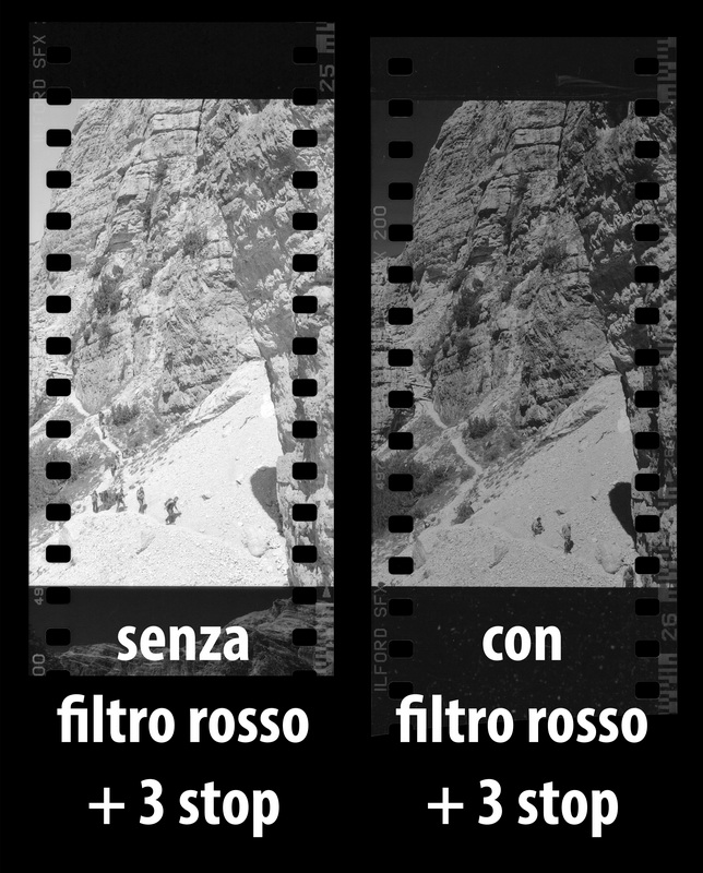 Per la fretta ho scattato senza montare il filtro rosso davanti all’obiettivo! Avevo comunque impostato un bel +3 EV di sovra-esposizione per compensare il calo di luce. Ebbene, la Ilford SFX 200 pare reggere ugualmente, al punto da suggerirmi per le nuove sessioni di ripresa di partire comunque da almeno un +1 EV di sovra-esposizione rispetto alla misura esposimetrica.