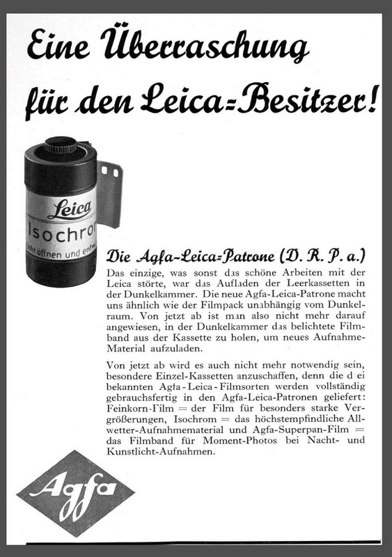 Annuncio pubblicitario della prima pellicola Agfa per il formato Leica pronto all’uso.