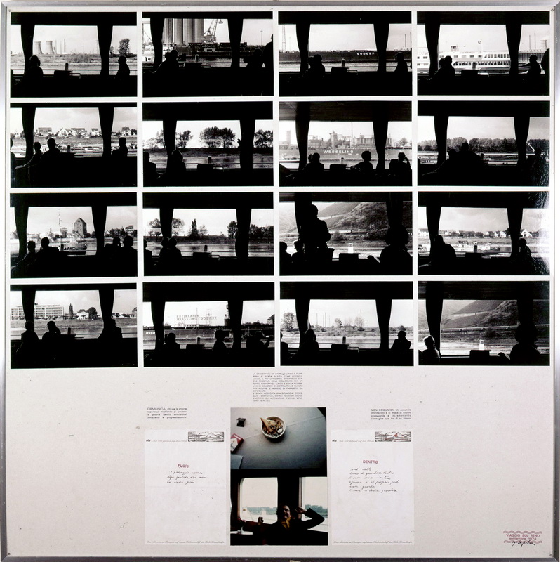 "Viaggio sul Reno" (1974) è un fotomontaggio di 100x100 cm che documenta un'azione collettiva fondamentale nella carriera dell'artista.